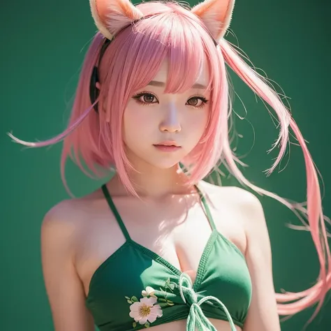 1girl in, animal_Ears, gradient, gradient_Background, Green_Background, up looking_で_viewer, Pink_hair, Solo by JM、Yoshiko Akishino