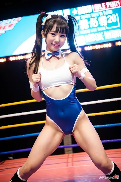 girl standing in a professional wrestling ring,cotton white school swimsuit,Hair Ribbon Bow,18year old,Bangs,A little smile,thighs thighs thighs thighs,Crotch,Knees,poneyTail,Pro Wrestling Boots