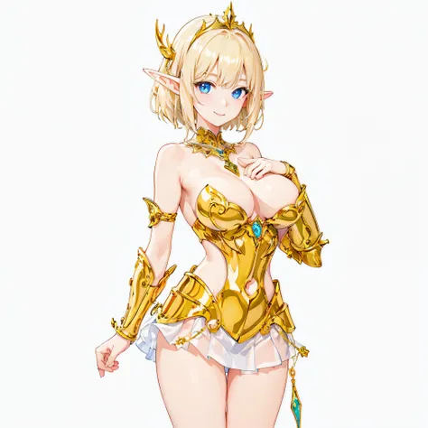 ​masterpiece、top-quality、ighly detailed、hight resolution、１６ｋ、fullnude、teats、Boob proportions、golden armour、Very thin skirt、Black pants、Full body like、Very white skin、Beautiful fingers、Anime girl with very big breasts posing naked、Perfect Style、elvish、no-br...