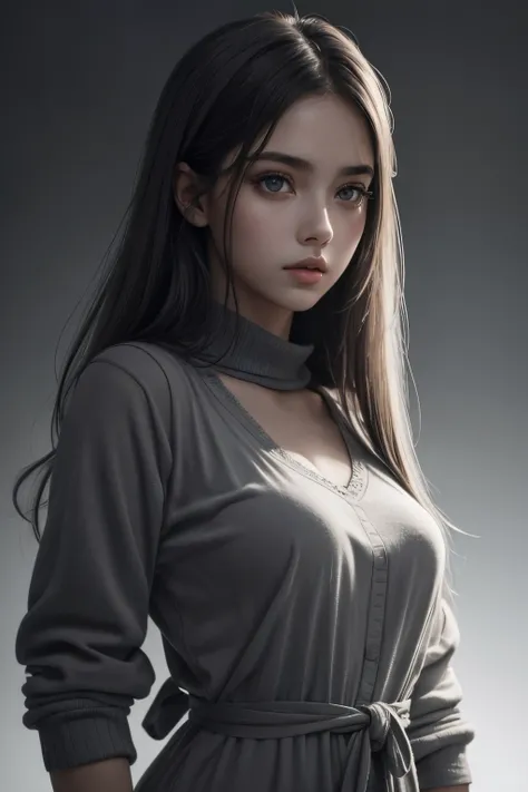 @(prompt) A girl with beautiful detailed eyes and lips, standing against a gray background, in a half-body shot. (best quality, photorealistic), portraits, monochromatic color palette, soft lighting.