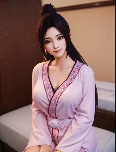 (1girl in:1.2), looking at the viewers, squinted, Solo,breasts, A smile, hetero, (1girl in:1.15), chinese architecture, at bedroom,Solo Focus, shot, (1girl in:1.15), masutepiece, Best Quality, Perfect Lighting, bathrobe