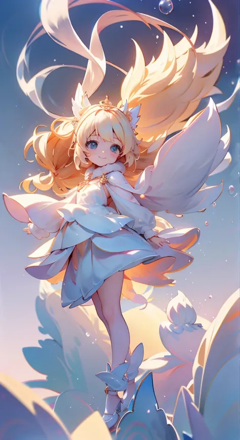 ultra cute girl、gorgeous nub、Little Vixen、anthropomorphic、Wear bubble mart style、elegant cloak、A sweet smile、White fur、bright big eyes and fluffy tail,、Gently floating clouds、Highly detailed 3D illustration、A hyper-realistic、ultra-detailliert、Luxury Movie ...