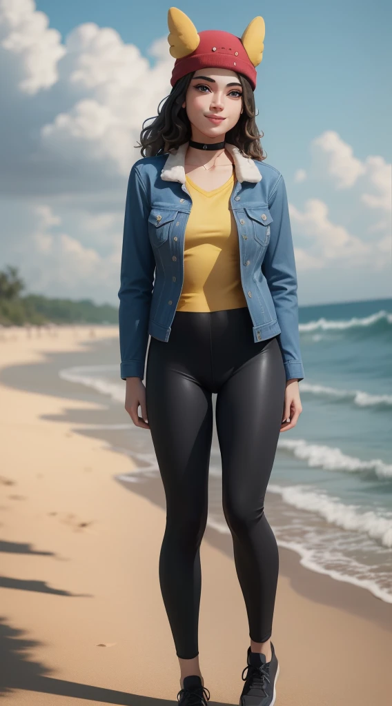 (8k, best quality, masterpiece:1.2), (realistic, photo-realistic:1.37), ultra-detailed, 1 girl,cute, solo, ,beautiful detailed blue eyes, medium wavy hair, standing on a beach, , smiling, looking at viewer, ,light brown hair, black lips, black lipstick, fu...