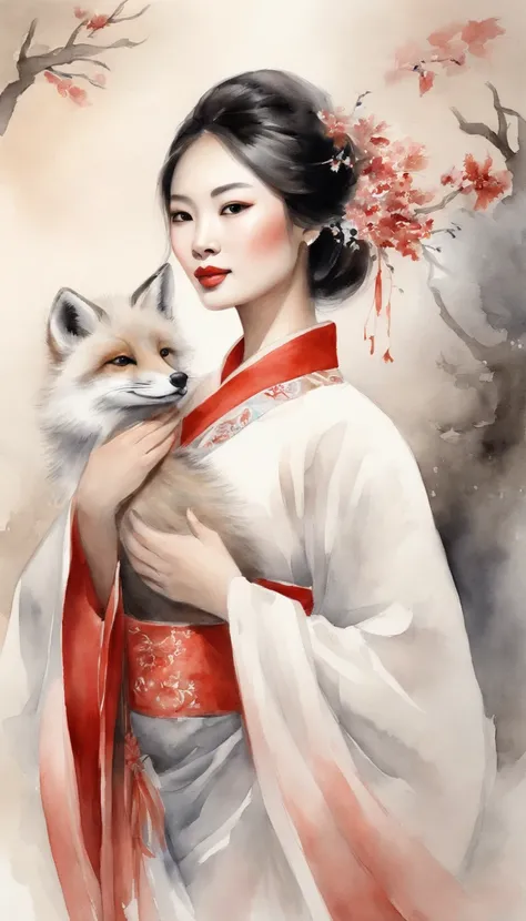 A beautiful Chinese girl wears Hanfu and holds her chest high, Next to an elegant white nine-tailed fox. actual, low  angle shot, and the light red and white tones used. The girl exudes confidence and strength, The fox exudes a charming and mysterious aura...