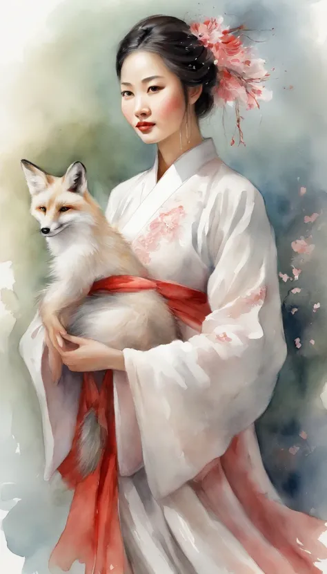 A beautiful Chinese girl wears Hanfu and holds her chest high, Next to an elegant white nine-tailed fox. actual, low  angle shot, and the light red and white tones used. The girl exudes confidence and strength, The fox exudes a charming and mysterious aura...