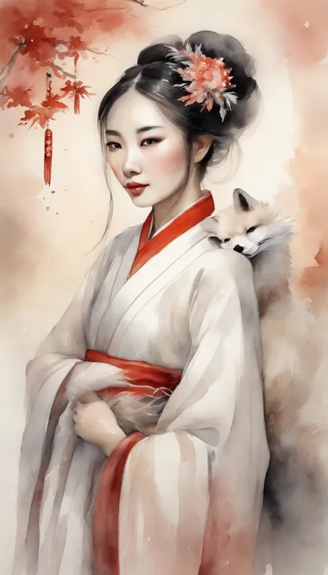 A beautiful Chinese girl wears Hanfu and holds her chest high, Next to an elegant white nine-tailed fox. actual, low  angle shot, and the light red and white tones used. The girl exudes confidence and strength, The fox exudes a charming and mysterious aura...