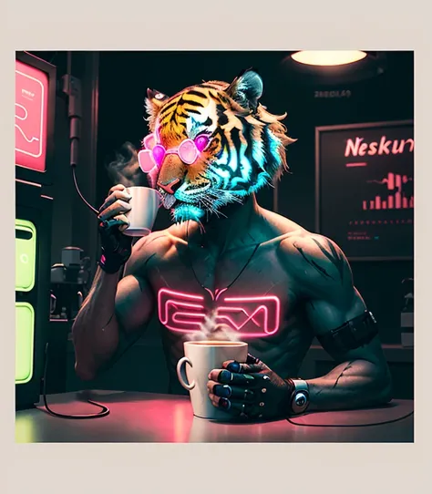 A real wild tiger in pink neon glasses, looks thoughtfully at a cup of coffee, wonders about the future, there is a mysterious atmosphere around, cyberpunk style, 4k