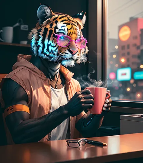 A real wild tiger in pink neon glasses, looks thoughtfully at a cup of coffee, wonders about the future, there is a mysterious atmosphere around, cyberpunk style, 4k