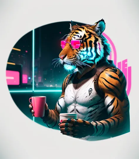 A real wild tiger in pink neon glasses, looks thoughtfully at a cup of coffee, wonders about the future, there is a mysterious atmosphere around, cyberpunk style, 4k