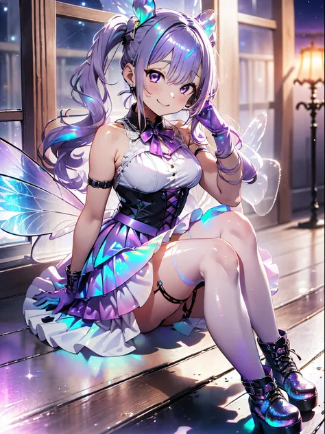 Top image quality、(((full body Esbian))),Standing picture、Outstanding style、Smile with all your might、beauty legs、Leather shoes、dynamicposes、Little Girl, Younger、Gothic lolita, (((Light purple hair))), Purple eyes, (mascara), Blunt bangs, ((hair over eyes)...