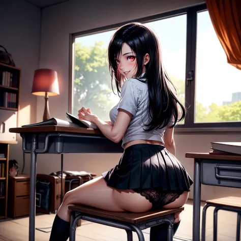 (masuter piece, Best Quality), Sarada Uchiha, FF7, Tifa Lockhart, Black hair, Glowing red eyes, Sharingan eyes, Petite, Schoolgirl, School uniform, up skirt, Lace panties, lying on a desk, from behind, Malvase, crass room, Smile, Fun, Volumetric lighting, ...