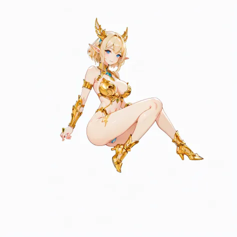 ​masterpiece、top-quality、ighly detailed、hight resolution、１６ｋ、fullnude、teats、Boob proportions、golden armour、Very thin skirt、Black pants、Full body like、Very white skin、Beautiful fingers、Anime girl with very big breasts posing naked、Perfect Style、elvish、no-br...