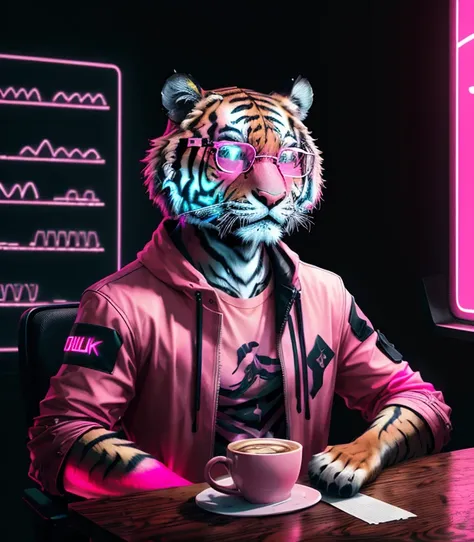 A real wild tiger in pink neon glasses, looks thoughtfully at a cup of coffee, wonders about the future, there is a mysterious atmosphere around, cyberpunk style, 4k