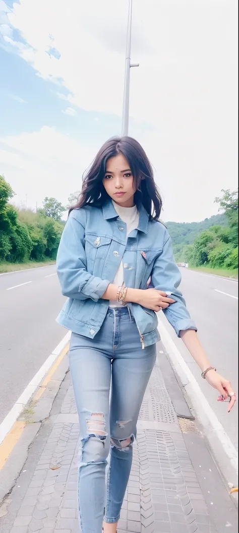 there is a woman standing on the side of the road, standing in road, assamese aesthetic, wearing a jeans jackets, with lovely look, with a cool pose, casual pose, wearing blue jacket, wearing denim, casual photography, student, standing bravely on the road...