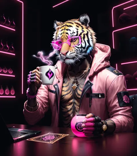 A tiger, dressed fashionably, in pink neon glasses, thoughtfully looks at a cup of coffee, a magic ball and tarot cards, tells fortunes about the future, there is a mysterious atmosphere around, cyberpunk style, 4k