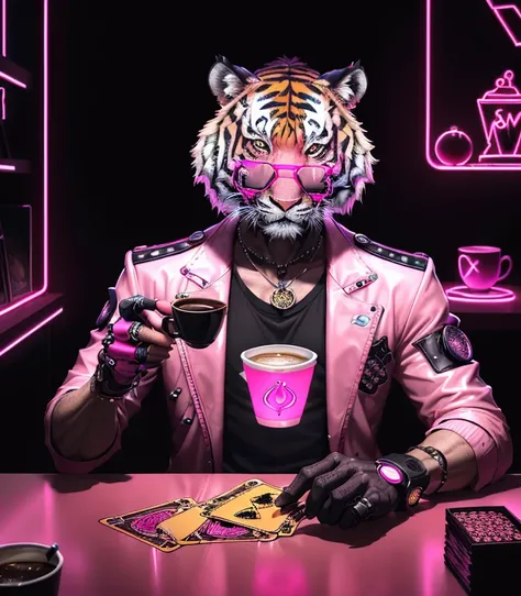 A tiger, dressed fashionably, in pink neon glasses, thoughtfully looks at a cup of coffee, a magic ball and tarot cards, tells fortunes about the future, there is a mysterious atmosphere around, cyberpunk style, 4k