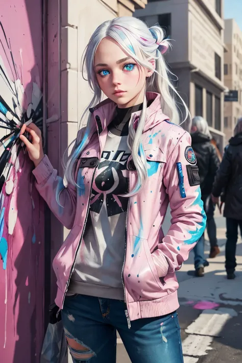 1girl, silver hair, long hair, blue eyes, pink eyes, (heterochromia:1.3), bright pupils, detailed eyes, expressive eyes, jacket, hands in pockets, art, creativity, paint, splatter, inspiration, disorder, organized chaos, colors, best quality ultra detailed...