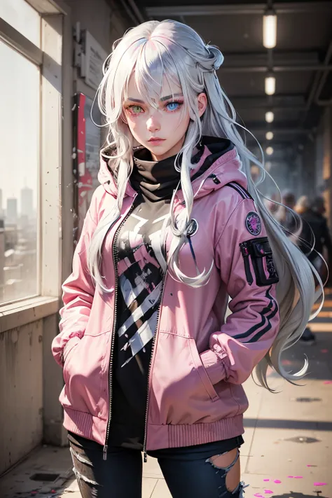 1girl, silver hair, long hair, blue eyes, pink eyes, (heterochromia:1.3), bright pupils, detailed eyes, expressive eyes, jacket, hands in pockets, art, creativity, paint, splatter, inspiration, disorder, organized chaos, colors, best quality ultra detailed...