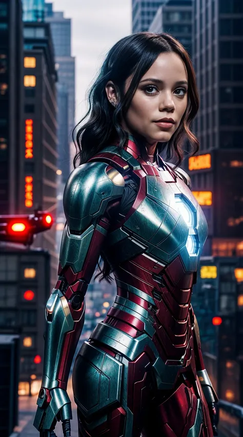 8k, realistic, attractive, highly detailed, a 20-year-old girl, a sexy and attractive woman inspired by Iron Man, wearing a shiny Iron Man mech. She dresses with sexiness and confidence, perfectly interpreting Iron Mans strength and charisma. In a cyberpun...