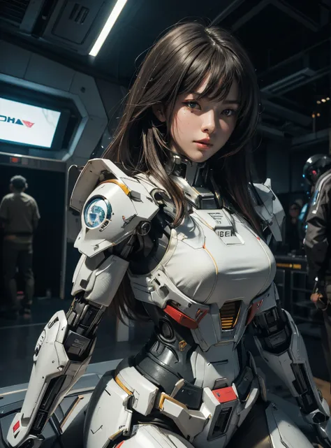 Textured skin, Super Detail, high details, High quality, Best Quality, hight resolution, 1080p, hard disk, Beautiful,(Gundam),beautiful cyborg woman,Mecha Cyborg Girl,Battle Mode,Girl with a Mecha Body,She wears a futuristic Gundam mecha,Fulll body Shot