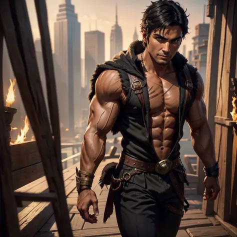 Male warrior, muscular, tan skin, short black hair, black vest, black pants, Achilles, back to viewer, light scars on body, brown eyes, cold gaze, arrogant smile, fantasy city, masterpiece, highest quality, ultra detail, illustration, depth of field, dynam...