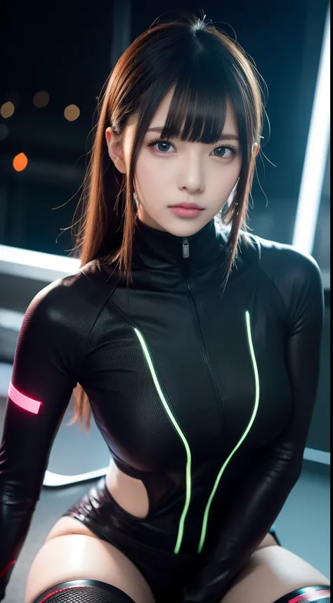 8K uhd, materpiece, a beautiful girl, detaild eye, good face, detaild eyebrow, cyberpunk outfit, lightning outfit, cyberpunk, Cyberspace, cyberpunk shining colorful background, neon effect, Spreading lighting, red lighting, sitting, body capture,