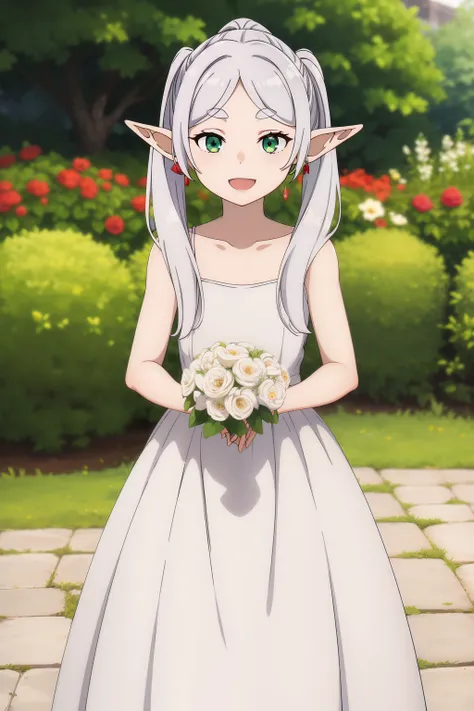 masterpiece, best quality, highres, aarurutie,1girl, wedding dress, white dress, standing, garden, smile, open mouth, solo,elf,white hair,grey hair,earrings,pointy ears,long hair,ponytail,green eyes,twintails,parted bangs,thick eyebrows,