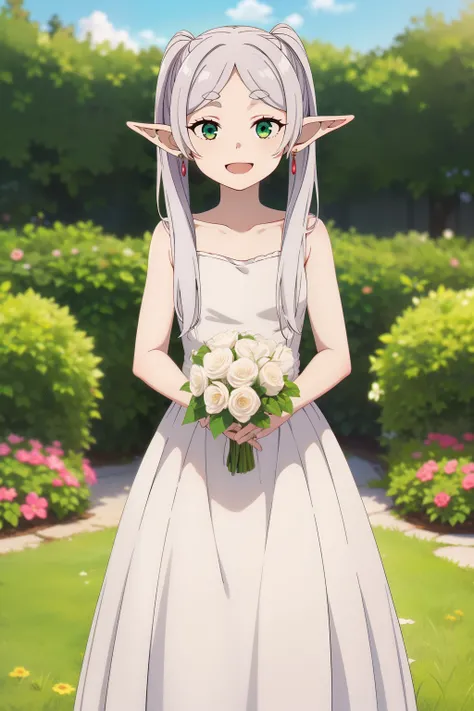 masterpiece, best quality, highres, aarurutie,1girl, wedding dress, white dress, standing, garden, smile, open mouth, solo,elf,white hair,grey hair,earrings,pointy ears,long hair,ponytail,green eyes,twintails,parted bangs,thick eyebrows,