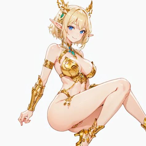 ​masterpiece、top-quality、ighly detailed、hight resolution、１６ｋ、fullnude、teats、Boob proportions、golden armour、Very thin skirt、Black pants、Full body like、Very white skin、Beautiful fingers、Anime girl with very big breasts posing naked、Perfect Style、elvish、no-br...