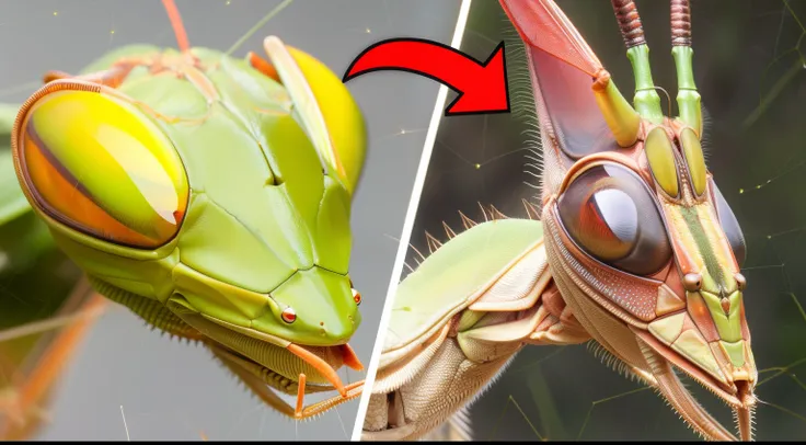 a close up of a praying mantisce with a red arrow pointing to it, mantis eyes, alien in the form of mantis, strange giant insects, bug life inside human body, face like grasshopper, that looks like a insect, the most bizarre hybrid animals, detailed. insec...