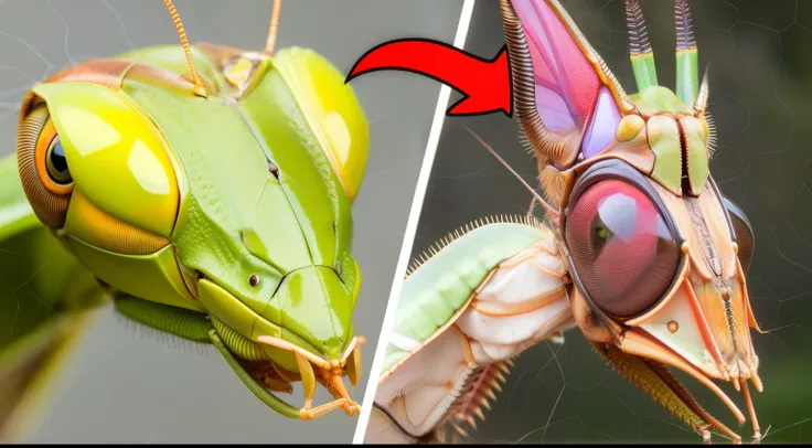 a close up of a praying mantisce with a red arrow pointing to it, mantis eyes, alien in the form of mantis, strange giant insects, bug life inside human body, face like grasshopper, that looks like a insect, the most bizarre hybrid animals, detailed. insec...