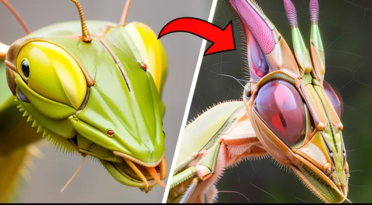 a close up of a praying mantisce with a red arrow pointing to it, mantis eyes, alien in the form of mantis, strange giant insects, bug life inside human body, face like grasshopper, that looks like a insect, the most bizarre hybrid animals, detailed. insec...