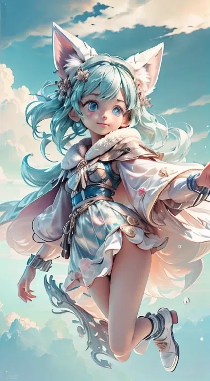 ​masterpiece、ultra res、 3D rendered character art 8k, Cute Digital Painting, anime style 3D, super detailed render, weapon in hand, Delicate face,ultra cute girl、gorgeous nub、Little Vixen、anthropomorphic、Wear bubble mart style、elegant cloak、A sweet smile、W...