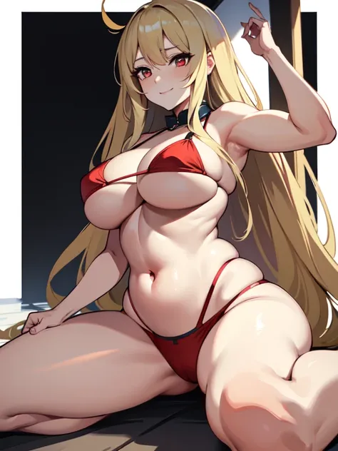 （tmasterpiece：1.6，Best quality），（Eyes are thin and beautiful：1.2），（top of head），high high quality，beauitful face，1个Giant Breast Girl，huge boob，Wide hips，Raised sexy, plump and mature woman,Long blonde hair,red eyes,, blue bikini, Open the abdomen, Frontal ...