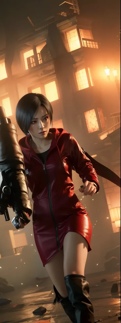 woman, ada wong, panic expression, wearing mini reddress with hoody, black nails polish