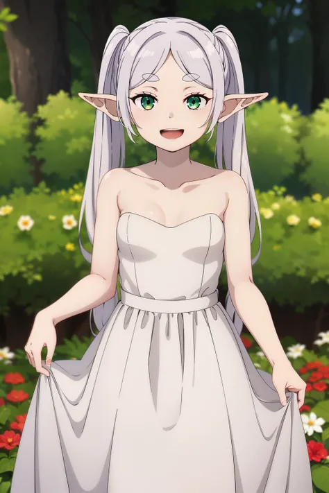 masterpiece, best quality, highres, aarurutie,1girl, wedding dress, white dress, standing, garden, smile, open mouth, solo,elf, white hair, grey hair,collarbone,ngs,pointy ears,long hair,ponytail,green eyes,twintails,parted bangs,thick eyebrows,nsfw,small ...