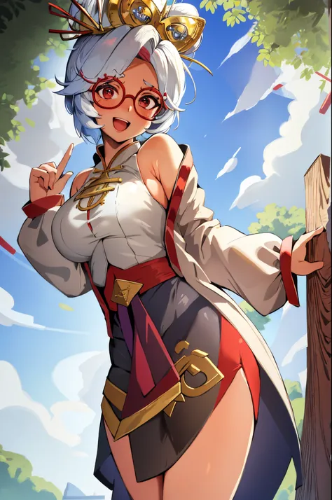 masterpiece, best quality, purah, red glasses, hair ornament, white jacket, sleeveless shirt, black skirt, upper body, from above, looking at viewer, smile, open mouth, blushing,furrowed brow, rustic village