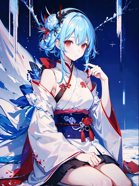 snow woman、Japan female in her 20s、komono、long hem、lightblue hair、short-cut、Long sideburns、bouncy back hair、red eyes、Red band、Abundant udder、Sitting down with a sad expression、Snowstorm and snowflakes on the background