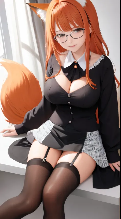 anime girl, 1 person, orange hair, glasses, Crown,maid,fox ear, Foxs tail, front view, big breasts, tights, sitting on desk,exposed chest, underwear, maid suit, shy, blushing, lifting skirt , bright sky, sitting cross-legged, high heels,exposed chest, unde...