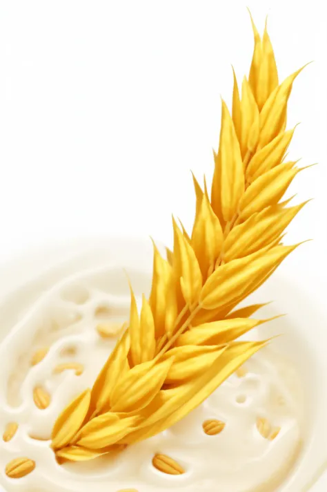 white backgrounid，Milk spilled，Oatmeal and milk,oatmeal,A golden ear of wheat is placed in front， Artistic depiction