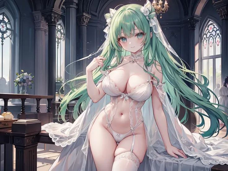 1 woman、Hair that shines like pale emerald、Twin-tailed、Shining emerald eyes、爆乳、Too large breasts、Seductive breasts、Lace underwear、negligee、lace cape、sapphire choker、Castle Room、Long Lace Bale、Ruffles and ribbons、A smile、The upper part of the body