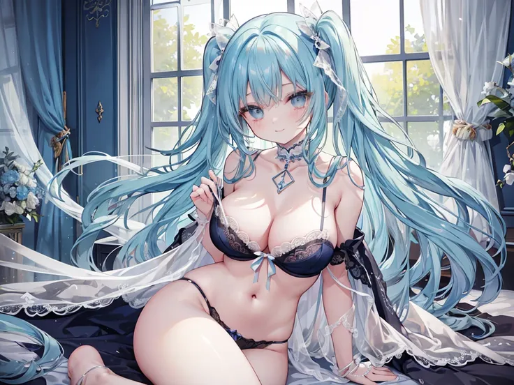 1 woman、Hair that shines like pale aquamarine、Twin-tailed、sparkling aquamarine eyes、爆乳、Too large breasts、Seductive breasts、Lace underwear、negligee、lace cape、sapphire choker、Castle Room、Long Lace Bale、Ruffles and ribbons、A smile、The upper part of the body