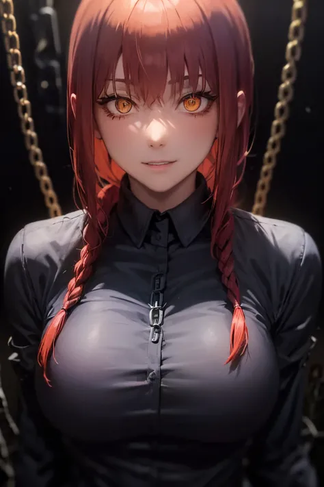 (Masterpiece), (Best Quality),Makima (Chainsaw Man), Best Quality, Ultra Detailed, One Girl, Solo, Standing, Red Hair, Long Braided Hair, Golden Eyes, Sexy, Tied Up (Nonsexual), Bangs, Middle Chest, White Longsleeve Shirt, Blood Stain On Shirt, Tie, Starin...