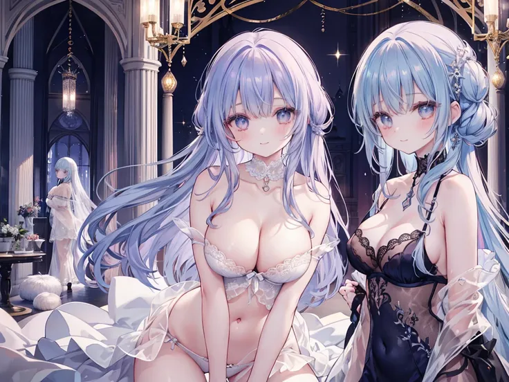 1 woman、Hair that shines like pale opal、Twin-tailed、Sparkling opal eyes、爆乳、Too large breasts、Seductive breasts、Lace underwear、negligee、lace cape、sapphire choker、Castle Room、Long Lace Bale、Ruffles and ribbons、A smile、The upper part of the body