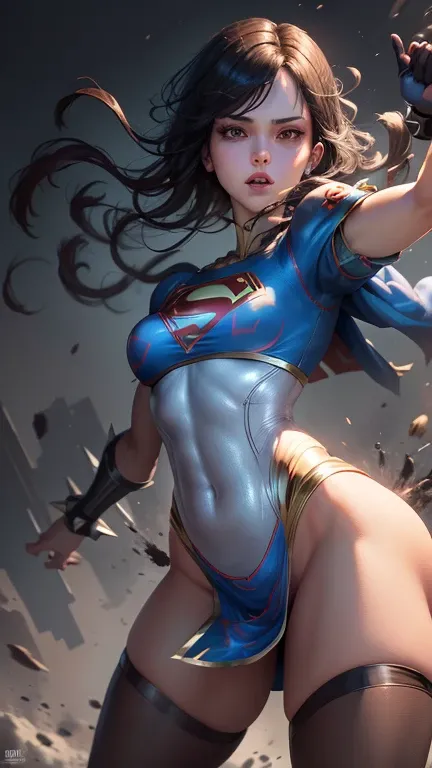 (best quality, master part, absurdos)), 1girl(Supergirl), (black hair) 20 anos, corpo definido, expressivos e olhos azuis, Seios enormes, nu, peito enorme, quadris largos, heroic pose