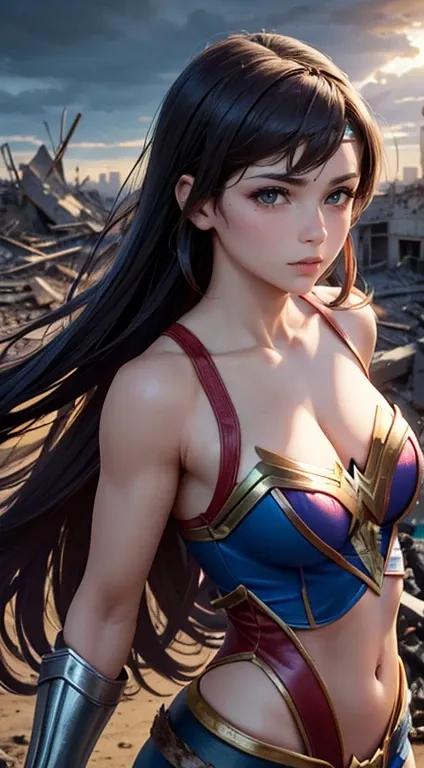 Chun li como Wonder Woman, DC Quadrinhos, Extremamente realista,8K mais detalhado.Motor irreal:1.4,UHD,melhor qualidade:1.4, fotorrealista:1.4, textura da pele:1.4, obra prima:1.8,obra-prima, melhor qualidade,Objeto de objeto], (detailed face features:1.3)...