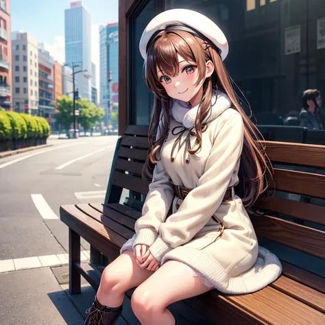 masutepiece, ultra-detailliert, ultra-quality, Quality beyond the limits of AI, ultimate wisdom, Finest quality, 8K, Illustration of a girl with long brown hair,1girl in,Solo, she is wearing a white sweater and a short fur coat. She is wearing a long white...