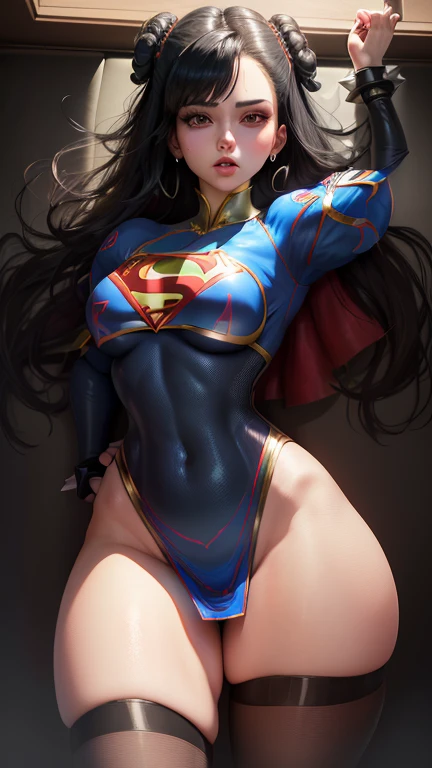 (best quality, master part, absurdos)), 1girl(Supergirl), (black hair) (com dois coque) ( seios grande), 20 anos, corpo definido, expressivos e olhos azuis, Seios enormes, nu, peito enorme, quadris largos, pose sexy.