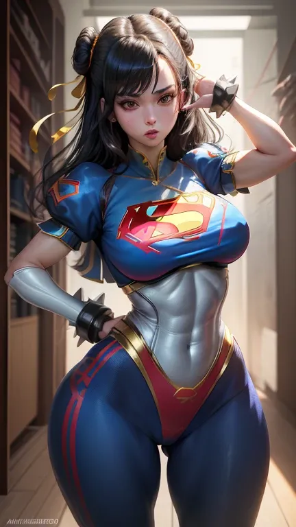 (best quality, master part, absurdos)), 1girl(Supergirl), (black hair) (com dois coque) ( seios grande), 20 anos, corpo definido, expressivos e olhos azuis, Seios enormes, nu, peito enorme, quadris largos, pose sexy.