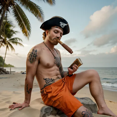 A pirate read the bible, smoking a cigar, orange clothes, cross tattoo on arm, sitting on a beach